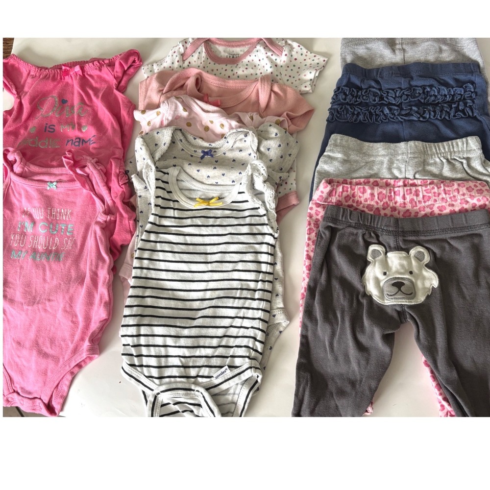 Gerber Carters Baby Girl 0-3 Months Pink Grey 12pc Bundle Bodysuits Pants